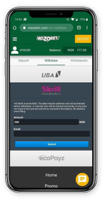 Mobile screenshot of the Wazobet withdrawal page